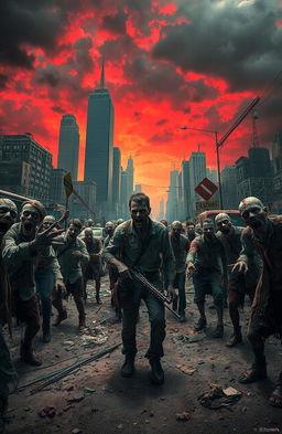 A surreal and haunting scene depicting a post-apocalyptic landscape overrun by zombies