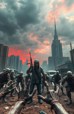 A surreal and haunting scene depicting a post-apocalyptic landscape overrun by zombies