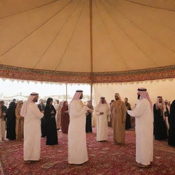 Inside an Arab tent, traditional Saudi Arabian music and dance performances, including the Ardha and Mizmar, are going on. The atmosphere is alive and engaging, with musicians playing and dancers in traditional costumes, honoring the founding day.