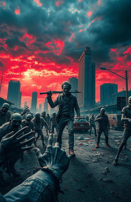 A surreal and haunting scene depicting a post-apocalyptic landscape overrun by zombies