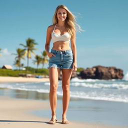 A tall, confident white woman standing in a sunny beach setting, wearing stylish denim shorts and flip flops in size 11