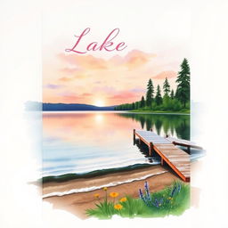 A stunning watercolor painting depicting a serene lakeside scene for a book cover