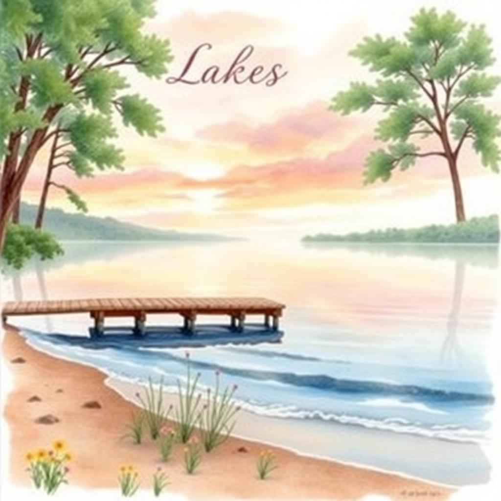 A stunning watercolor painting depicting a serene lakeside scene for a book cover