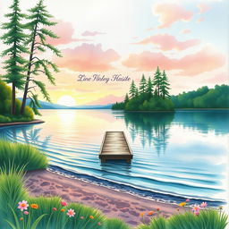 A stunning watercolor painting depicting a serene lakeside scene for a book cover