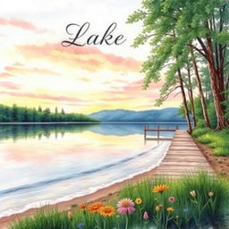 A stunning watercolor painting depicting a serene lakeside scene for a book cover