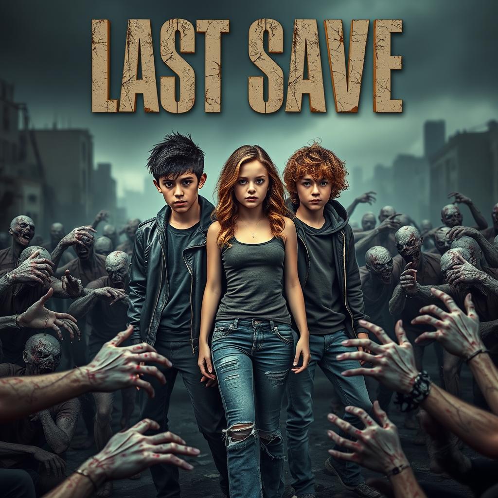 A thrilling scene in a post-apocalyptic environment featuring a trio of two boys and one girl surrounded by a menacing horde of zombies