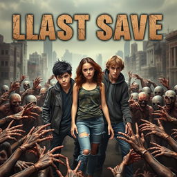 A thrilling scene in a post-apocalyptic environment featuring a trio of two boys and one girl surrounded by a menacing horde of zombies