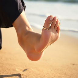 A close-up portrait of an elegant woman showcasing her size 13 feet adorned with a stylish toe ring