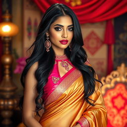 An alluring Indian woman wearing a stylish half saree that beautifully drapes over her figure, showcasing a captivating combination of colors like hot pink and gold