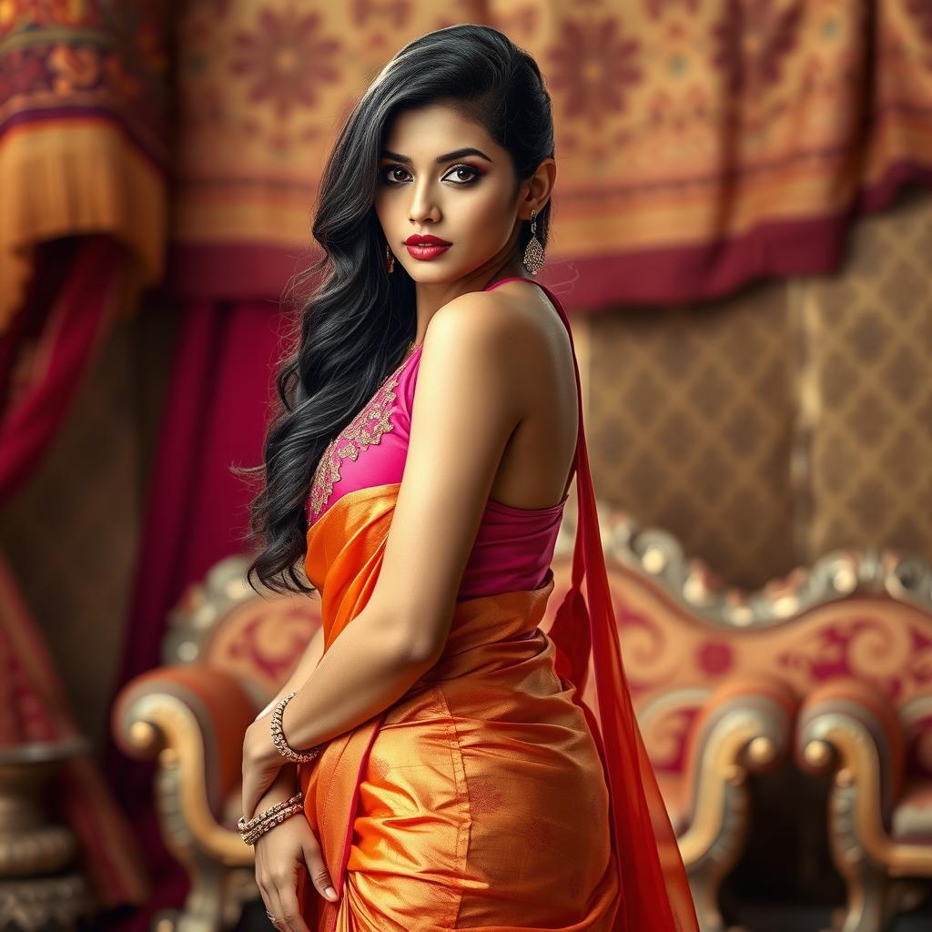 An alluring Indian woman wearing a stylish half saree that beautifully drapes over her figure, showcasing a captivating combination of colors like hot pink and gold