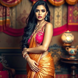 An alluring Indian woman wearing a stylish half saree that beautifully drapes over her figure, showcasing a captivating combination of colors like hot pink and gold