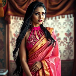 An alluring Indian woman wearing a stylish half saree that beautifully drapes over her figure, showcasing a captivating combination of colors like hot pink and gold