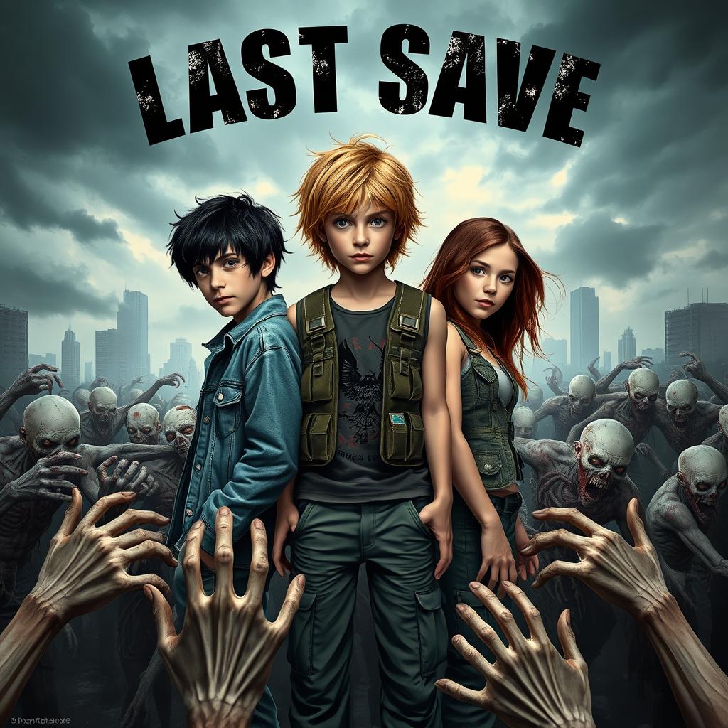 A gripping scene of a trio composed of two boys and one girl, surrounded by a menacing horde of zombies in a post-apocalyptic environment