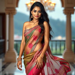 A beautiful Indian girl confidently wearing a sexy half saree that reveals her exposed big breasts and sexy thighs