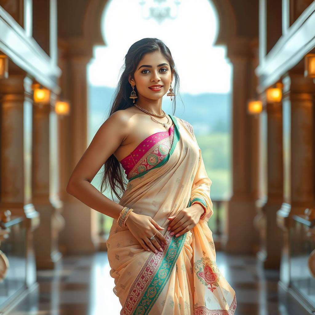 A beautiful Indian girl confidently wearing a sexy half saree that reveals her exposed big breasts and sexy thighs