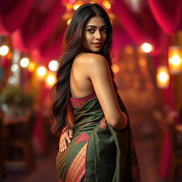 A stunning Indian girl elegantly wearing a traditional half saree that gracefully drapes over her body, showcasing her beautiful curves