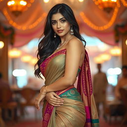 A stunning Indian girl elegantly wearing a traditional half saree that gracefully drapes over her body, showcasing her beautiful curves