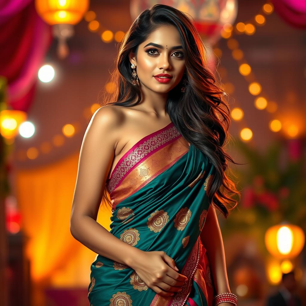 A stunning Indian girl elegantly wearing a traditional half saree that gracefully drapes over her body, showcasing her beautiful curves