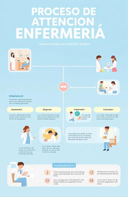 An illustrative poster showcasing the 'Proceso de Atención Enfermería' (Nursing Care Process), featuring a flowchart design that includes key elements such as Assessment, Diagnosis, Planning, Implementation, and Evaluation