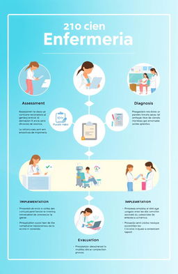 An illustrative poster showcasing the 'Proceso de Atención Enfermería' (Nursing Care Process), featuring a flowchart design that includes key elements such as Assessment, Diagnosis, Planning, Implementation, and Evaluation