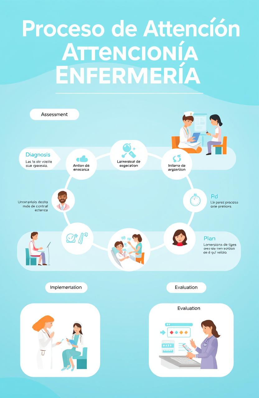 An illustrative poster showcasing the 'Proceso de Atención Enfermería' (Nursing Care Process), featuring a flowchart design that includes key elements such as Assessment, Diagnosis, Planning, Implementation, and Evaluation