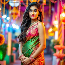 A stunning Indian girl elegantly wearing a traditional half saree that beautifully drapes over her body, adorned with exquisite embellishments