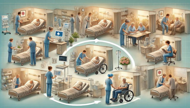 An infographic depicting the 'Proceso de Atención Enfermería', illustrating a nursing care process in a hospital setting