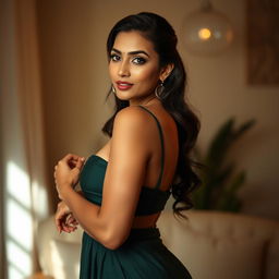 A stunning Indian woman confidently posing in an artistic and tasteful manner, showcasing her beauty and curves