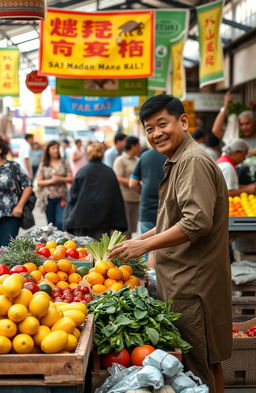 A heartwarming scene of a young man and his mother selling fruits and vegetables at a bustling market