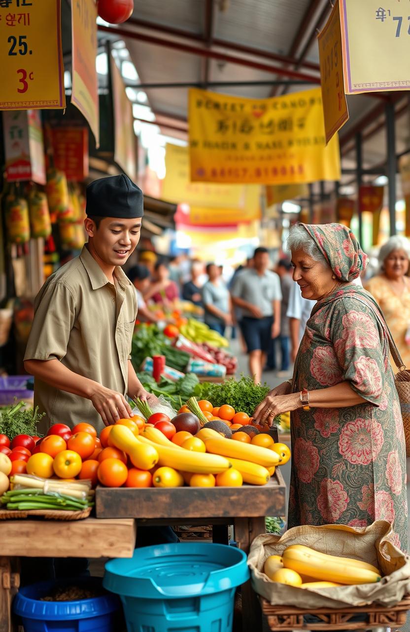 A heartwarming scene of a young man and his mother selling fruits and vegetables at a bustling market