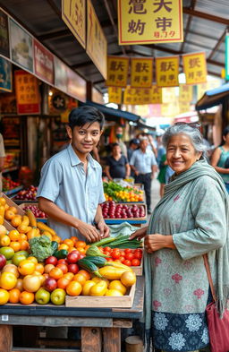 A heartwarming scene of a young man and his mother selling fruits and vegetables at a bustling market