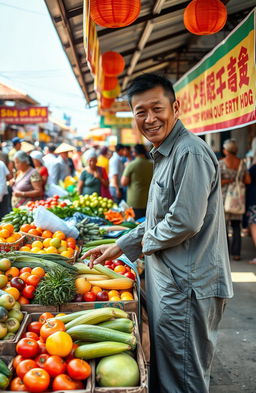 A heartwarming scene of a young man and his mother selling fruits and vegetables at a bustling market