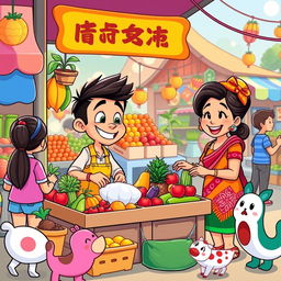 A colorful animated cartoon scene depicting the story of a young man and his mother selling fruits and vegetables at a busy market