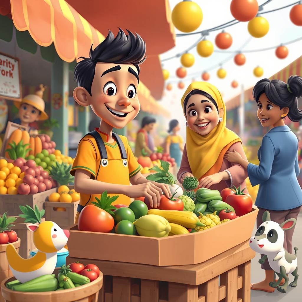 A colorful animated cartoon scene depicting the story of a young man and his mother selling fruits and vegetables at a busy market