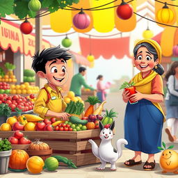 A colorful animated cartoon scene depicting the story of a young man and his mother selling fruits and vegetables at a busy market