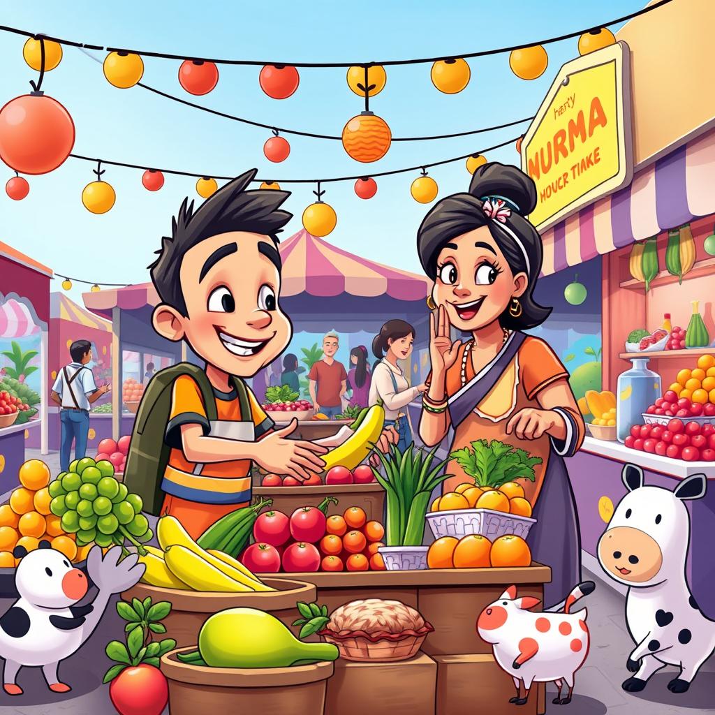 A colorful animated cartoon scene depicting the story of a young man and his mother selling fruits and vegetables at a busy market