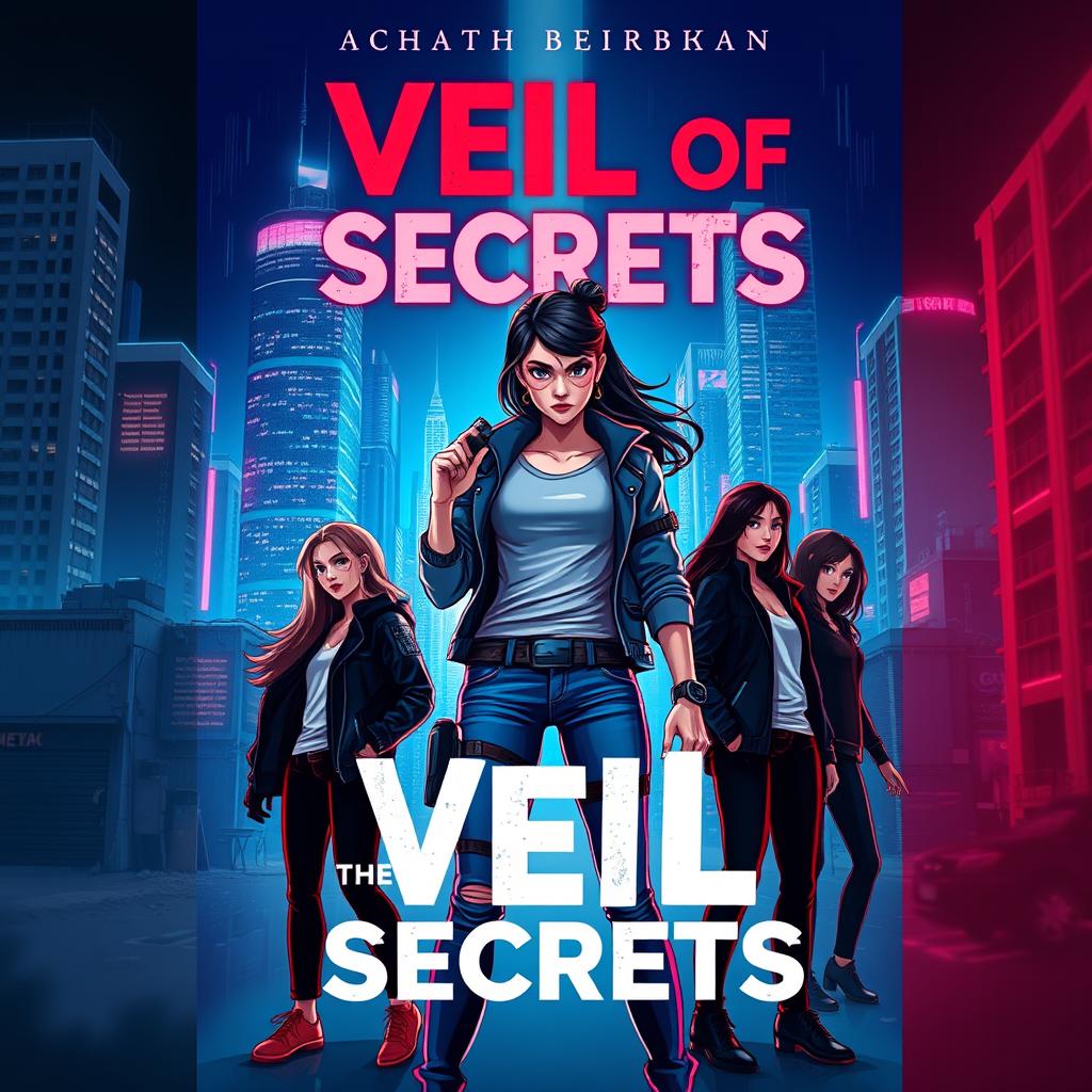 Cover design for the novel 'Veil of Secrets', featuring a modern cityscape bathed in bright neon lights, showcasing towering skyscrapers that embody power contrasted with rundown areas symbolizing societal struggles