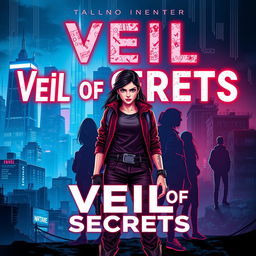 Cover design for the novel 'Veil of Secrets', featuring a modern cityscape bathed in bright neon lights, showcasing towering skyscrapers that embody power contrasted with rundown areas symbolizing societal struggles