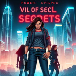 Cover design for the novel 'Veil of Secrets', featuring a modern cityscape bathed in bright neon lights, showcasing towering skyscrapers that embody power contrasted with rundown areas symbolizing societal struggles