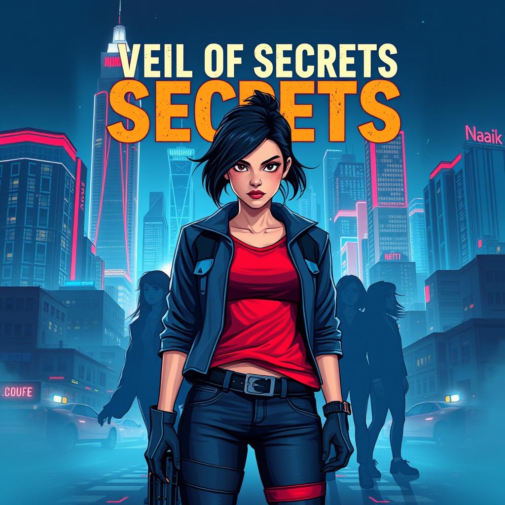 Cover design for the novel 'Veil of Secrets', featuring a modern cityscape bathed in bright neon lights, showcasing towering skyscrapers that embody power contrasted with rundown areas symbolizing societal struggles