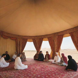 Inside an Arab tent, artisans are displaying live demonstrations of traditional Arabian tent-making, from assembling the framework to draping and adorning the tent with vibrant fabrics. The audience is intrigued by the skilled craftsmanship.