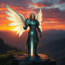 A celestial Aasimar standing majestically on a cliff overlooking a beautiful sunset