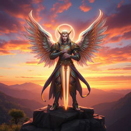 A celestial Aasimar standing majestically on a cliff overlooking a beautiful sunset