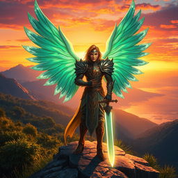 A celestial Aasimar standing majestically on a cliff overlooking a beautiful sunset