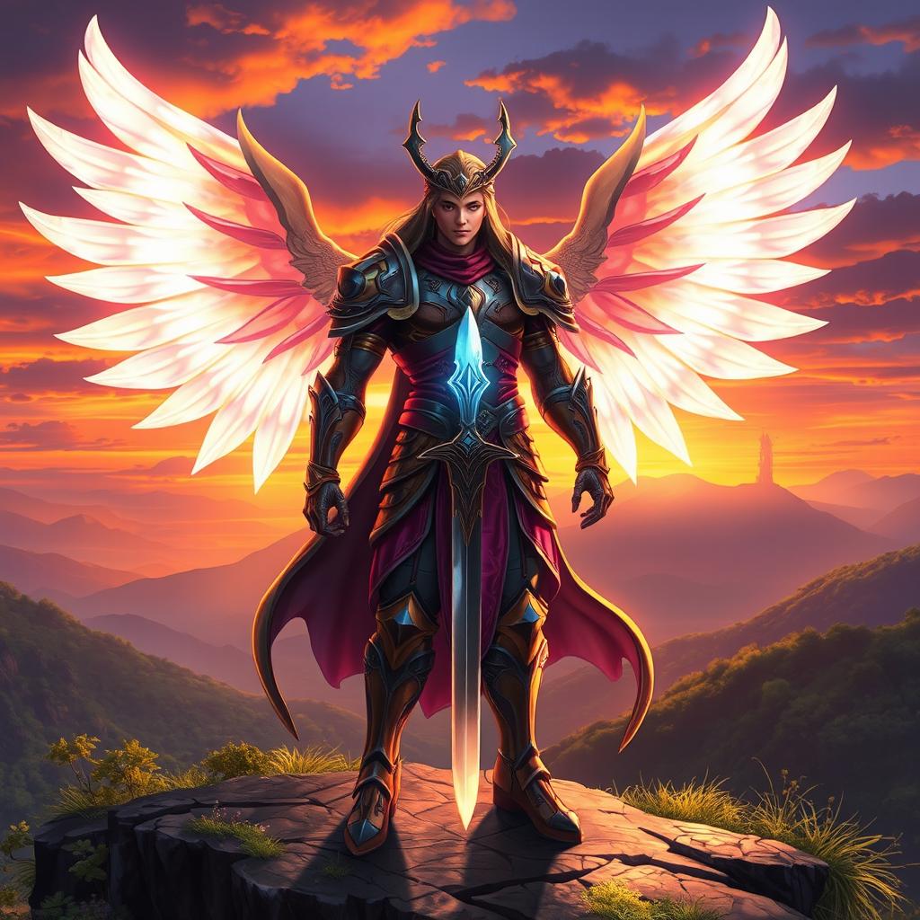 A celestial Aasimar standing majestically on a cliff overlooking a beautiful sunset