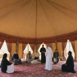 Inside an Arab tent, artisans are displaying live demonstrations of traditional Arabian tent-making, from assembling the framework to draping and adorning the tent with vibrant fabrics. The audience is intrigued by the skilled craftsmanship.