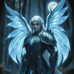 A stunning depiction of an Aasimar character featuring ethereal ghost wings, glowing softly in shades of blue and silver