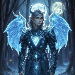 A stunning depiction of an Aasimar character featuring ethereal ghost wings, glowing softly in shades of blue and silver