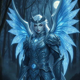 A stunning depiction of an Aasimar character featuring ethereal ghost wings, glowing softly in shades of blue and silver