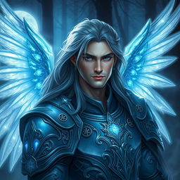 A captivating portrait of a male Aasimar character, showcasing striking ghost wings that shimmer in ethereal blues and silvers